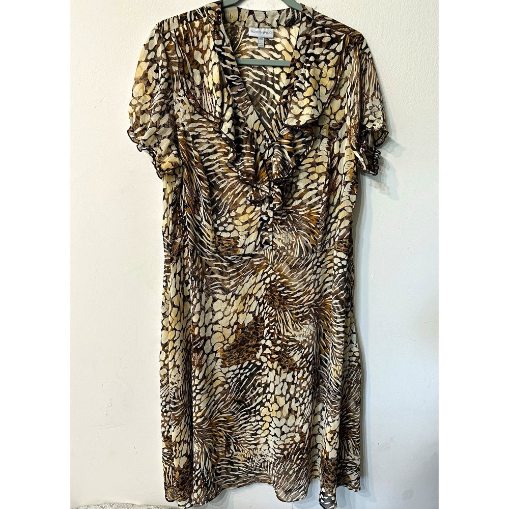Vintage Fashion Bug Dress 18W Y2K Animal Print Ruffle V-Neck Sheer Chiffon Brown